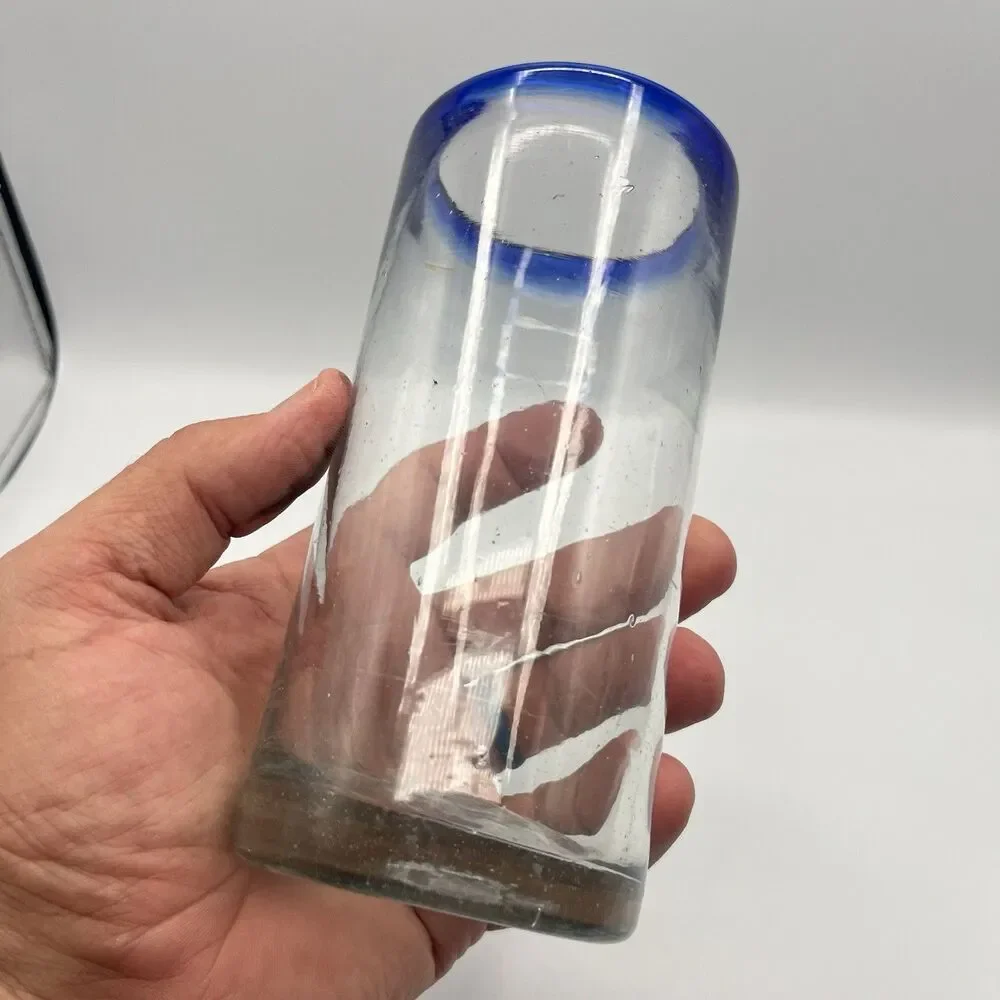 Hand Blown Cobalt Blue Rim Mexican Bubble Glass